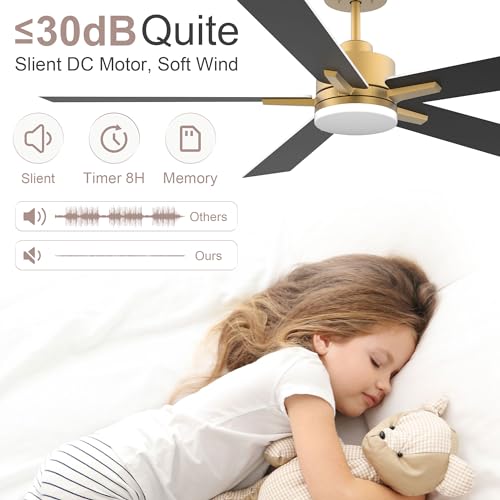 Lorpies 52” Smart Ceiling Fan with LED Lights Remote,Quite DC Motor,Voice Control via Alexa Google WIFI Phone,Outdoor Indoor Modern Ceiling Fans,Dimmable,for Bedroom Patio Porch,Gold and White Black