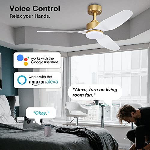Hoenofly 48 Inch Smart Ceiling Fans with Lights and Remote Control,Dimmable LED Light,Outdoor Indoor Gold White Ceiling Fan,Quiet DC Motor,WIFI Alexa App Workable,for Modern Bedroom Living Room Patio