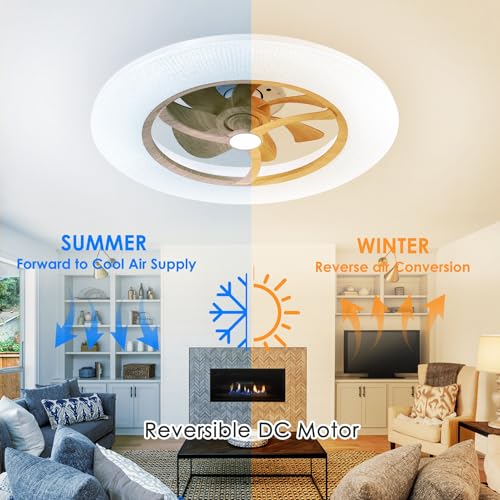 Ceiling Fans with Lights Remote - 22" Smart Low Profile Ceiling Fan RGB Lights with Alexa/Google Assistant/Voice Control, 6 Speed Dimmable Ceiling Fan LED-RGB Light (Wood Grain)