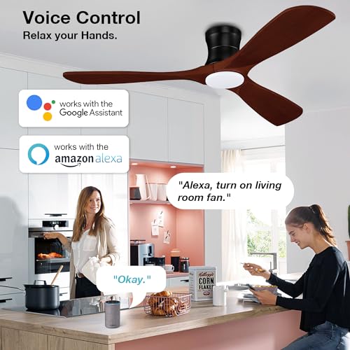 52” Smart Low Profile Ceiling Fans with Lights Remote,3 Wood blade,Quiet DC Motor,Outdoor Indoor Flush Mount Ceiling Fan,Voice Control via WIFI Alexa App,Modern Lighting& Ceiling fan for Bedroom Patio