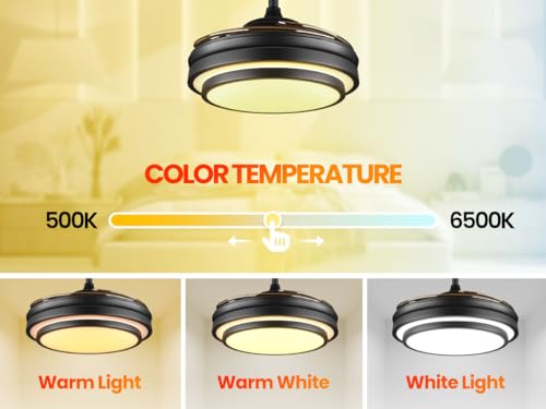 48 Inch Modern Retractable Ceiling Fan with Lights and Remote Black Smart Ceiling Fan with APP Control 6 Speed Dimmable LED Fandelier Ceiling Fan Timing Silent Reversible Motor for Bedroom Kitchen