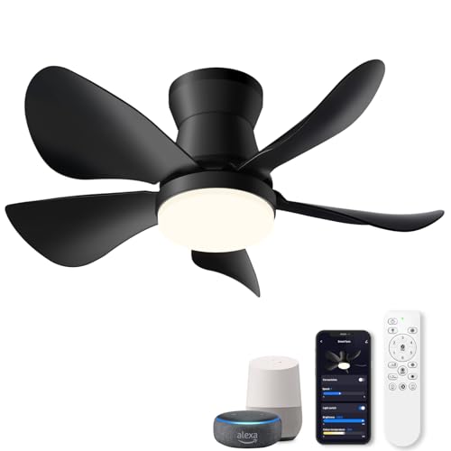 OKELI Alexa Smart Ceiling Fan with Lights and Remote - 28'' Black Modern Dimmable & App Controlled Compatible with Alexa and Google Assistant LED Small Ceiling Fan for Bedroom Kitchen Dining living