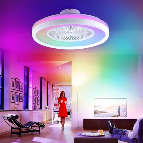 HUMHOLD 24" Bladeless Ceiling Fan with RGB Light Remote, Smart LED Ceiling Fans with Voice/App Control, Modern Low Profile Dimmable Light Ceiling Fan for Bedroom Living Room White