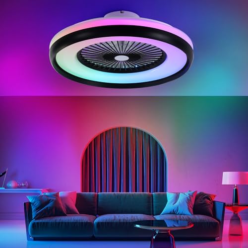 HUMHOLD 24" Bladeless Ceiling Fan with RGB Light Remote, Smart LED Ceiling Fans with Voice/App Control, Modern Low Profile Dimmable Light Ceiling Fan for Bedroom Living Room Black