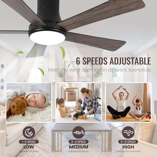 SODSEA 52 Inch Ceiling Fan with Light, Flush Mount Ceiling Fan with 5 Blades, Dimmable, Reversible Motor, 3-Colors Temperatures, 6 Speeds, Black Ceiling Fan with Remote/Alexa for Bedroom