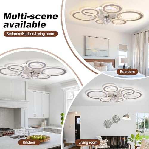 AFWAO 76cm Smart Ceiling Fans with Lights and Remote, Modern Low Profile 6 Reversible Speeds Bedroom Ceiling Fan with Lighting, LED Quiet Dimmable Ceiling Fan for Home Office Dining Room