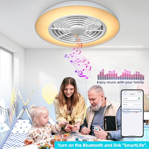 BAYSQUIRREL Wifi Low Profile Ceiling Fan with Light,Bluetooth Speaker Ceiling Fan 20In Smart Bladeless Ceiling Fans with Alexa/Google Assistant/App Control,6 Speed Dimmable LED-RGB Lights