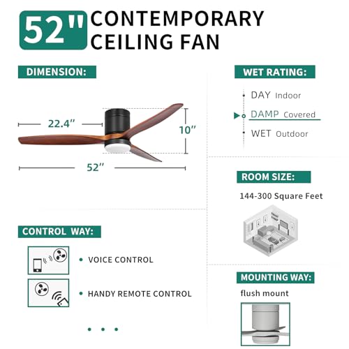 YITAHOME 52 Inch Low Profile Ceiling Fan with Light and Remote, Smart Ceiling Fan Compatible with Alexa, Flush Mount Ceiling Fan with Quiet DC Motor, Reversible Airflow for Outdoor Indoor