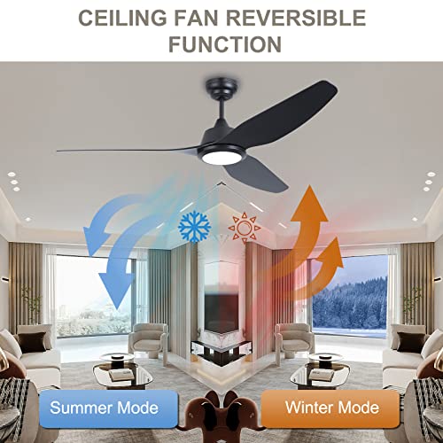Ovlaim 56 Inch Smart Ceiling Fans with Lights and Remote, 3 Blade Indoor Outdoor Modern Black Ceiling Fan for Bedroom Living Room Patio, 6 Speed High CFM Quiet DC Motor