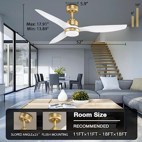 52 Inch Smart Ceiling Fans with Lights and Remote,Dimmable LED Light,Outdoor Indoor Gold White Ceiling Fan,Quiet DC Motor,High CFM 6 Speed,WIFI Alexa App Workable,for Bedroom Living Room Patio