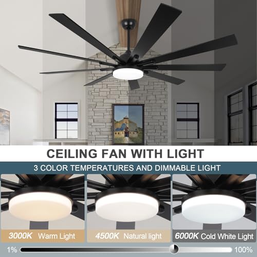 SODSEA 72 Inch Outdoor Ceiling Fan, Black Ceiling Fan with Light, 9 Fan Blades, Dimmable, Reversible, 6-Speeds, 3-Colors Temperature, Ceiling Fan with Remote for Living Room, Bedroom
