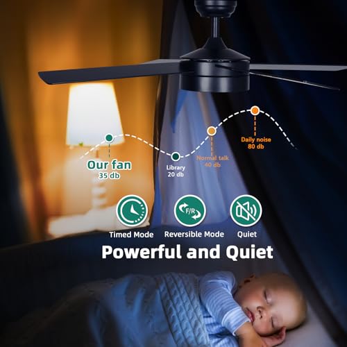 YITAHOME 48 Inch Black Ceiling Fan with Lights and Remote,4 Blades, App Control, Modern Smart Ceiling Fan Compatible with Alexa for Indoor Outdoor, Reversible Quiet Motor, Memory Function