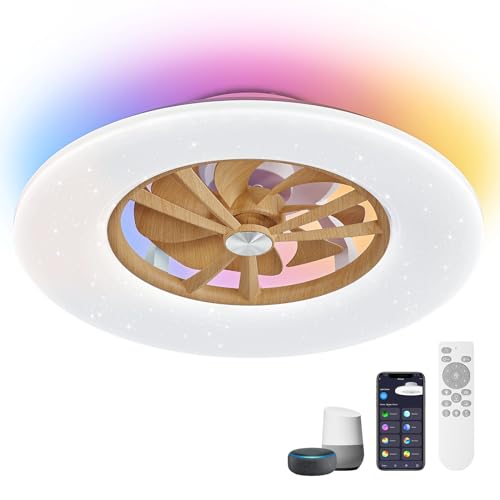 Orison RGB Ceiling Fans with Lights, 24'' Low Profile Ceiling Fan with Light and Remote, Smart Ceiling Fans with 8 blades, Compatible with Alexa, Google Home and App Controlled (Wood)