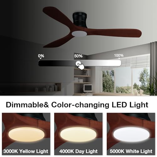 52” Smart Low Profile Ceiling Fans with Lights Remote,3 Wood blade,Quiet DC Motor,Outdoor Indoor Flush Mount Ceiling Fan,Voice Control via WIFI Alexa App,Modern Lighting& Ceiling fan for Bedroom Patio