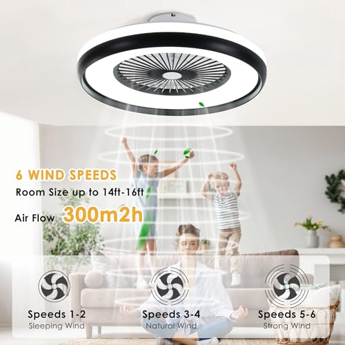 HUMHOLD 24" Bladeless Ceiling Fan with RGB Light Remote, Smart LED Ceiling Fans with Voice/App Control, Modern Low Profile Dimmable Light Ceiling Fan for Bedroom Living Room Black