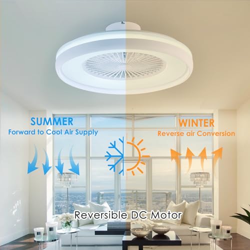 HUMHOLD 24" Bladeless Ceiling Fan with RGB Light Remote, Smart LED Ceiling Fans with Voice/App Control, Modern Low Profile Dimmable Light Ceiling Fan for Bedroom Living Room White