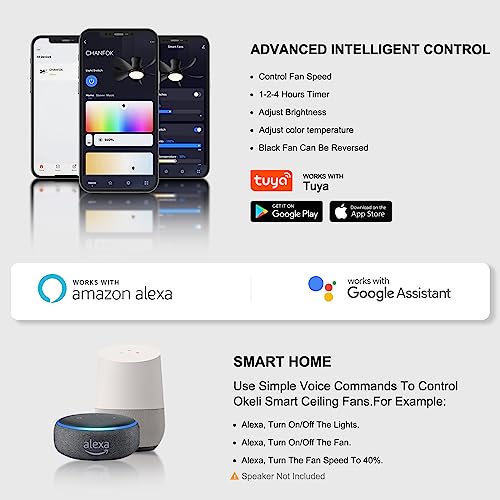 OKELI Alexa Smart Ceiling Fan with Lights and Remote - 28'' Black Modern Dimmable & App Controlled Compatible with Alexa and Google Assistant LED Small Ceiling Fan for Bedroom Kitchen Dining living
