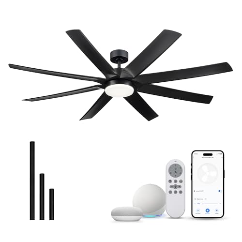 JAZAVA 70 Inch Industrial Ceiling Fans with Lights and Remote, Smart Control Black Ceiling Fan with Light, Large Ceiling Fans for Patios with 6-Speed, CF01-BK