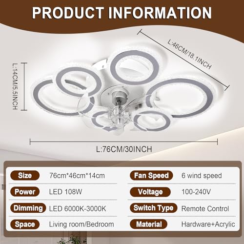 AFWAO 76cm Smart Ceiling Fans with Lights and Remote, Modern Low Profile 6 Reversible Speeds Bedroom Ceiling Fan with Lighting, LED Quiet Dimmable Ceiling Fan for Home Office Dining Room