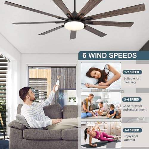 SODSEA 72 Inch Outdoor Ceiling Fan, Black Ceiling Fan with Light, 9 Fan Blades, Dimmable, Reversible, 6-Speeds, 3-Colors Temperature, Ceiling Fan with Remote for Living Room, Bedroom