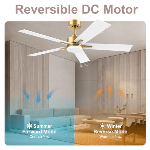 Lorpies 52” Smart Ceiling Fan with LED Lights Remote,Quite DC Motor,Voice Control via Alexa Google WIFI Phone,Outdoor Indoor Modern Ceiling Fans,Dimmable,for Bedroom Patio Porch,Gold and White Black