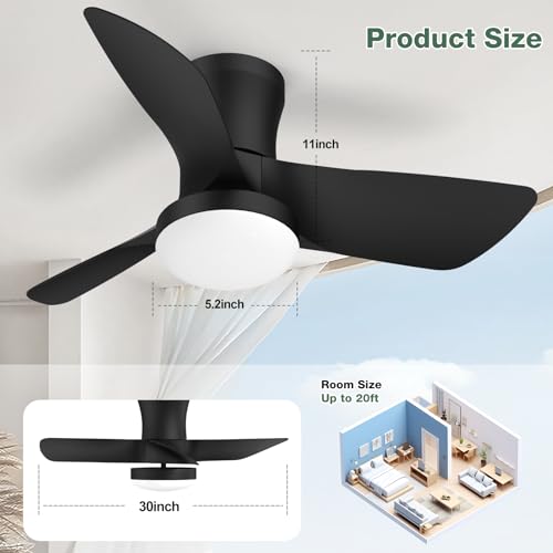 Ceiling Fans with Lights: 30 Inch Low Profile Ceiling Fans with Lights and Remote & APP Control Quiet Reversible 3 Colors Dimmable 6 Speeds Flush Mount Small Black Ceiling Fan for Bedroom Bathroom