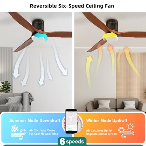 YITAHOME 52 Inch Low Profile Ceiling Fan with Light and Remote, Smart Ceiling Fan Compatible with Alexa, Flush Mount Ceiling Fan with Quiet DC Motor, Reversible Airflow for Outdoor Indoor