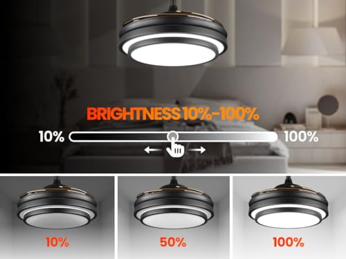 48 Inch Modern Retractable Ceiling Fan with Lights and Remote Black Smart Ceiling Fan with APP Control 6 Speed Dimmable LED Fandelier Ceiling Fan Timing Silent Reversible Motor for Bedroom Kitchen