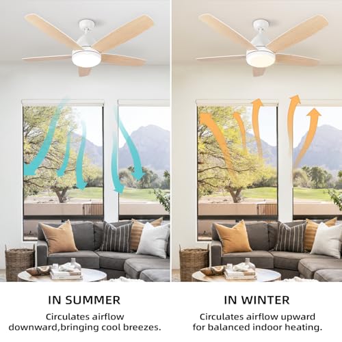 Viossn Smart Ceiling Fan With Light,52-Inch Outdoor Ceiling Fan With Remote/App,Dimmable Tri-Color LED And Reversible Motor For Indoor Bedroom/Outdoor Covered Patio,Modern White Ceiling Fan With Light