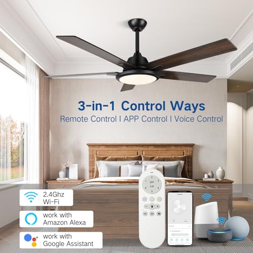 OUTON 52" Ceiling Fans with Lights and Remote, Smart Wi-Fi Ceiling Fan Works with Alexa Google Home Voice APP Control,3 Color Temperature,5 Dual Finish Blades,Ceiling Fan for Bedroom Living Room Patio