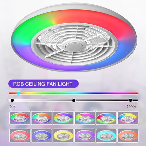 BAYSQUIRREL Wifi Low Profile Ceiling Fan with Light,Bluetooth Speaker Ceiling Fan 20In Smart Bladeless Ceiling Fans with Alexa/Google Assistant/App Control,6 Speed Dimmable LED-RGB Lights
