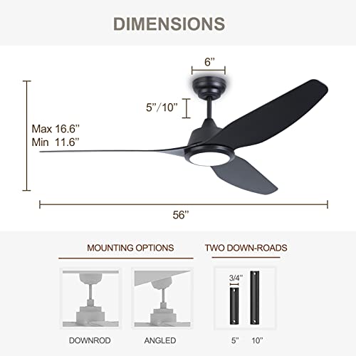 Ovlaim 56 Inch Smart Ceiling Fans with Lights and Remote, 3 Blade Indoor Outdoor Modern Black Ceiling Fan for Bedroom Living Room Patio, 6 Speed High CFM Quiet DC Motor
