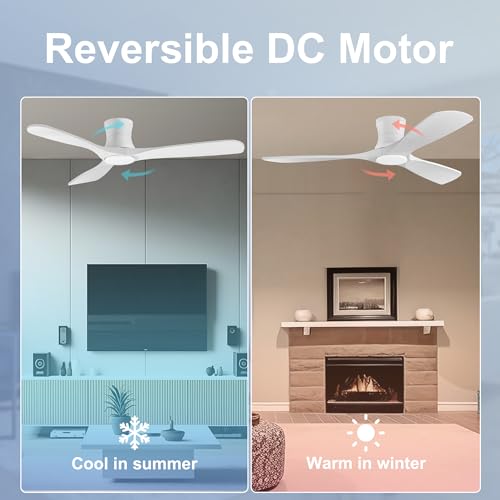 Hoenofly 52" Smart Low Profile Ceiling Fans with Lights Remote,Quiet DC Motor,Outdoor Indoor Flush Mount Ceiling Fan,Control with WIFI Alexa App,Dimmable,3 White Wood blades,for Modern Bedroom Patio