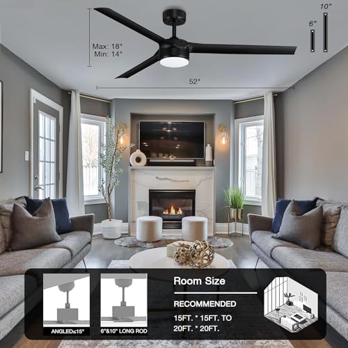 cumilo 52” Smart Outdoor Ceiling Fans with LED Lights and Remote,Quiet DC Motor,Dimmable,Indoor Modern Ceiling Fan Controlled by WIFI Alexa App,3 Matte Black Blade for Bedroom Living Room Patio Porch