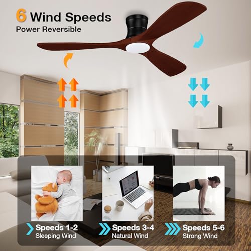52” Smart Low Profile Ceiling Fans with Lights Remote,3 Wood blade,Quiet DC Motor,Outdoor Indoor Flush Mount Ceiling Fan,Voice Control via WIFI Alexa App,Modern Lighting& Ceiling fan for Bedroom Patio