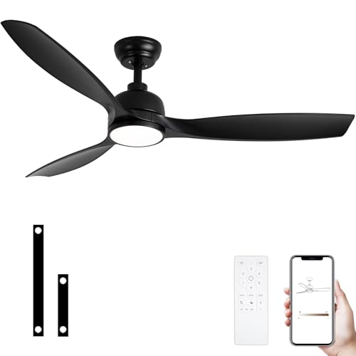 SODSEA 52 Inch Ceiling Fan with Lights, Black Modern Ceiling Fan with Remote/APP Control Dimmable 3-color Temperature,2 Rods, Low Profile Ceiling Fan Light for Indoor/Outdoor