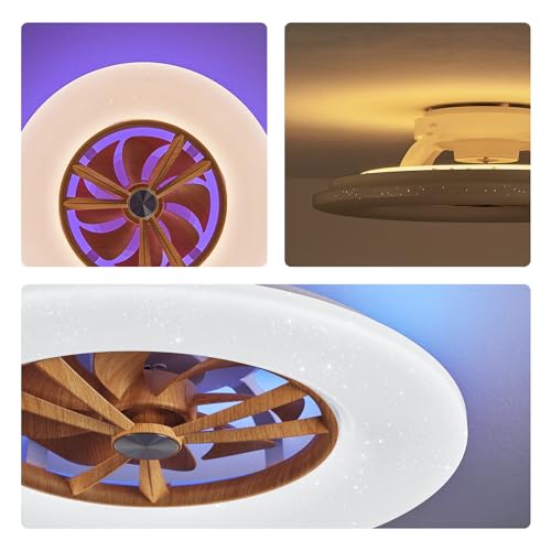 Orison RGB Ceiling Fans with Lights, 24'' Low Profile Ceiling Fan with Light and Remote, Smart Ceiling Fans with 8 blades, Compatible with Alexa, Google Home and App Controlled (Wood)