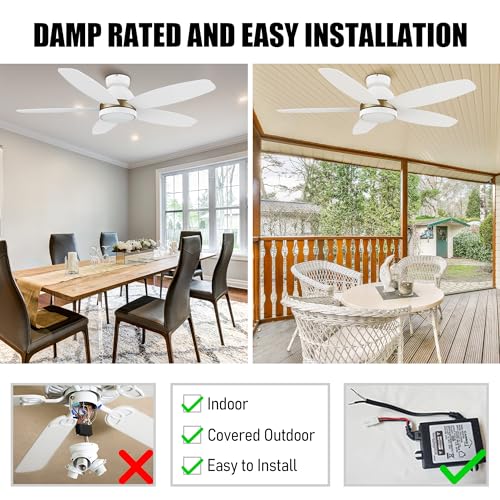 CEME 48" White Ceiling Fan with Light Flush Mount, Indoor & Outdoor Ceiling Fan with 10-Speed Quiet DC Motor, Smart Ceiling Fan Controlled by APP, Remote, Alexa, Siri & Google Home