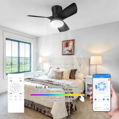 Ceiling Fans with Lights: 30 Inch Low Profile Ceiling Fans with Lights and Remote & APP Control Quiet Reversible 3 Colors Dimmable 6 Speeds Flush Mount Small Black Ceiling Fan for Bedroom Bathroom