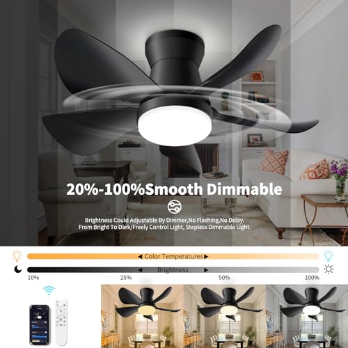 OKELI Alexa Smart Ceiling Fan with Lights and Remote - 28'' Black Modern Dimmable & App Controlled Compatible with Alexa and Google Assistant LED Small Ceiling Fan for Bedroom Kitchen Dining living