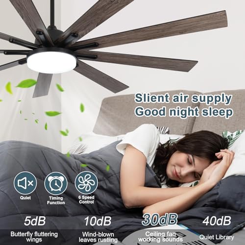 SODSEA 72 Inch Outdoor Ceiling Fan, Black Ceiling Fan with Light, 9 Fan Blades, Dimmable, Reversible, 6-Speeds, 3-Colors Temperature, Ceiling Fan with Remote for Living Room, Bedroom
