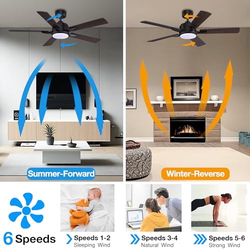 Livory 52 Smart Ceiling Fans with Lights Remote,Quiet DC Motor,Outdoor Indoor Modern Ceiling Fan,Voice Control via WIFI Alexa App,6-speed,for Farmhouse Bedroom Patio,Ventilador,Black & Walnut Grey