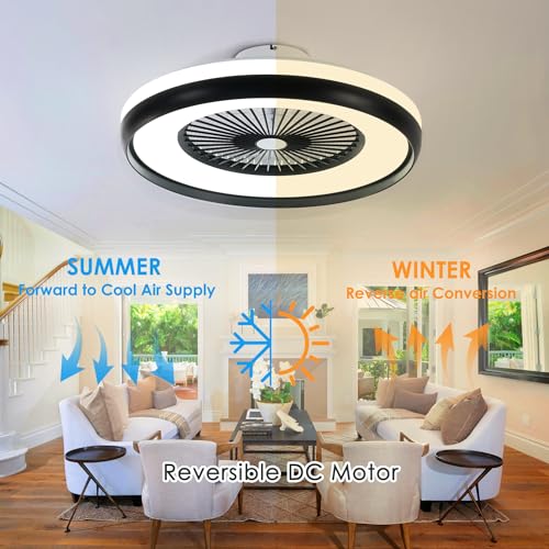 HUMHOLD 24" Bladeless Ceiling Fan with RGB Light Remote, Smart LED Ceiling Fans with Voice/App Control, Modern Low Profile Dimmable Light Ceiling Fan for Bedroom Living Room Black