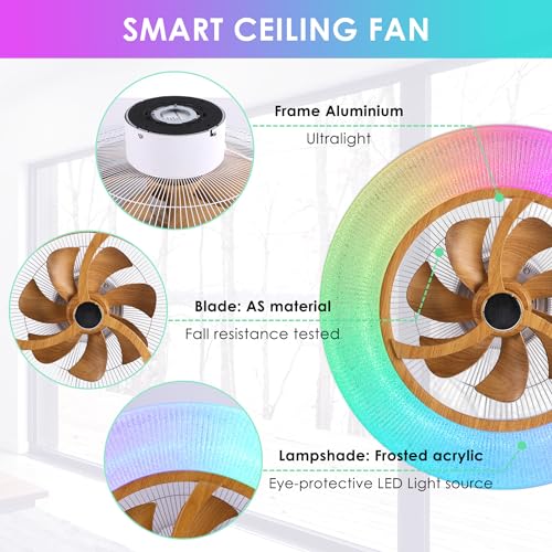 Ceiling Fans with Lights Remote - 22" Smart Low Profile Ceiling Fan RGB Lights with Alexa/Google Assistant/Voice Control, 6 Speed Dimmable Ceiling Fan LED-RGB Light (Wood Grain)