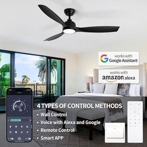 SODSEA 52 Inch Ceiling Fan with Lights, Black Modern Ceiling Fan with Remote/APP Control Dimmable 3-color Temperature,2 Rods, Low Profile Ceiling Fan Light for Indoor/Outdoor
