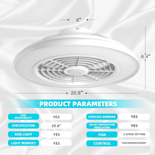 BAYSQUIRREL Wifi Low Profile Ceiling Fan with Light,Bluetooth Speaker Ceiling Fan 20In Smart Bladeless Ceiling Fans with Alexa/Google Assistant/App Control,6 Speed Dimmable LED-RGB Lights
