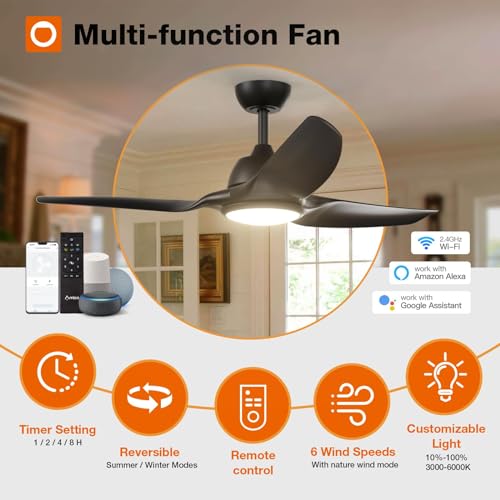 addlon Ceiling Fans with Lights, 52 Inch Smart Ceiling Fan with Remote/APP/Alexa Control, Reversible DC Motor, 6 Speeds, 3CCT Dimmable, Noiseless, Black Ceiling Fan for Bedroom, Farmhouse