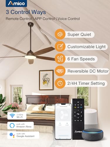 Amico Ceiling Fans with Lights, 52 inch Smart Ceiling Fan with Remote/APP/Alexa Control, Reversible DC Motor, 5 Blades, 6 Speeds, 3CCT, Dimmable, Noiseless, Wifi Ceiling Fan for Bedroom, Farmhouse