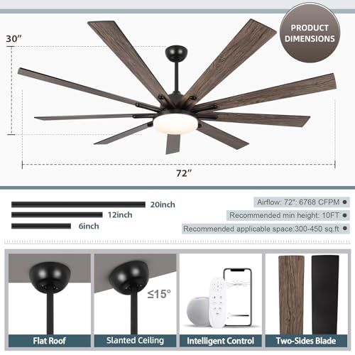 SODSEA 72 Inch Outdoor Ceiling Fan, Black Ceiling Fan with Light, 9 Fan Blades, Dimmable, Reversible, 6-Speeds, 3-Colors Temperature, Ceiling Fan with Remote for Living Room, Bedroom