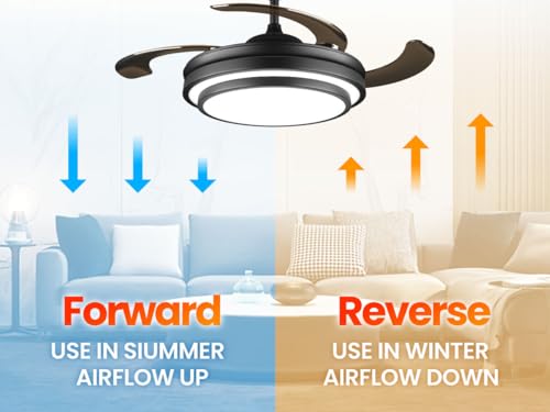 48 Inch Modern Retractable Ceiling Fan with Lights and Remote Black Smart Ceiling Fan with APP Control 6 Speed Dimmable LED Fandelier Ceiling Fan Timing Silent Reversible Motor for Bedroom Kitchen
